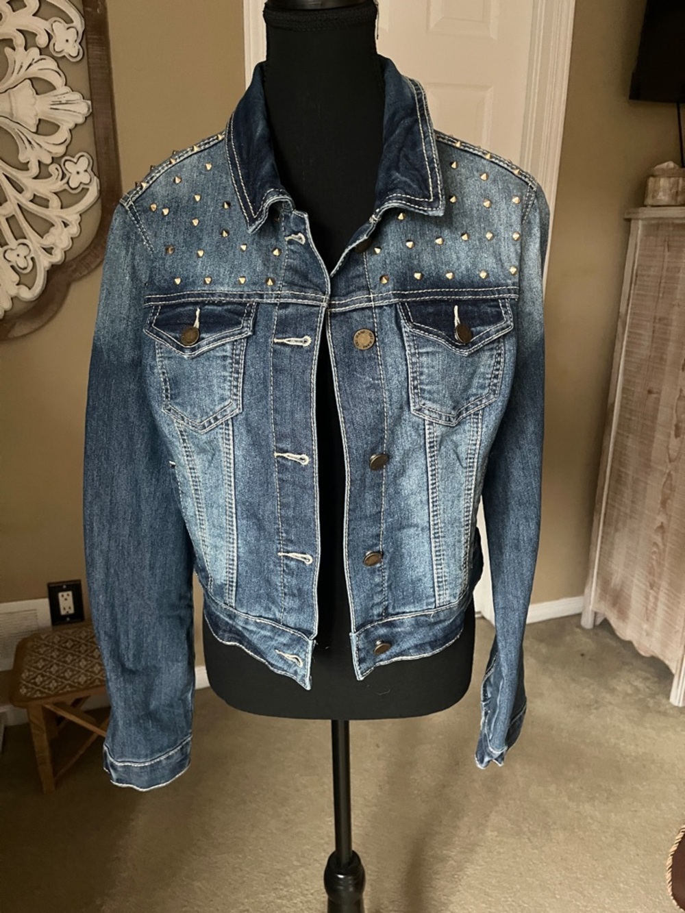 Women's Studded Dark Blue Denim Jacket - Classic Jean Jacket
